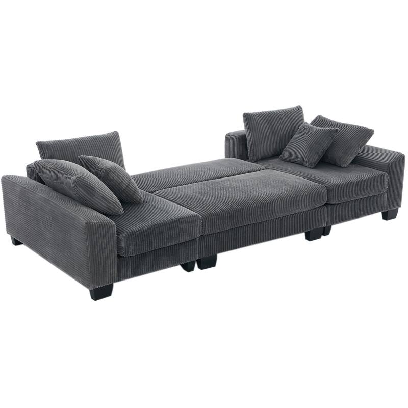 114" Corduroy U-Shaped Sleeper Sofa with Pull-Out Bed, 4 Back Cushions and 2 Throw Pillows