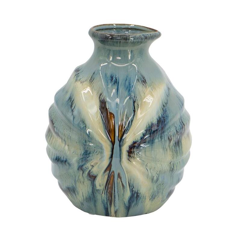 11" Blue Beige And Brown Abstract Round Ceramic Table Vase - 8.10