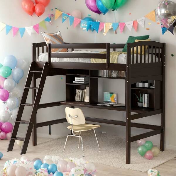 slide 2 of 10, Twin size Loft Bed With Storage Shelves,Desk And Ladder for Home Espresso