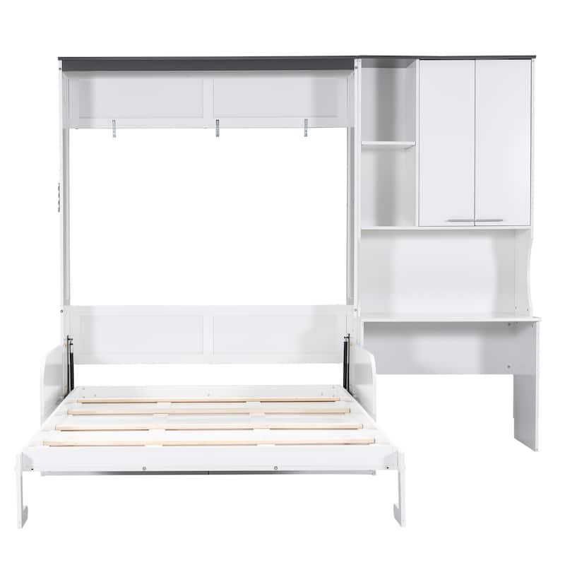 Space-saving Foldable Bed Design Murphy Bed Foldable Platform Bed with Sofa, All-in-one Storage Bookcase Cabinet and Desk
