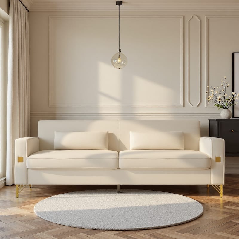 Roomfitters Mid-Century Modern Upholstered Sofa with Gold Metal Legs and Square Arms, Elegant Couch for Living Room - Beige