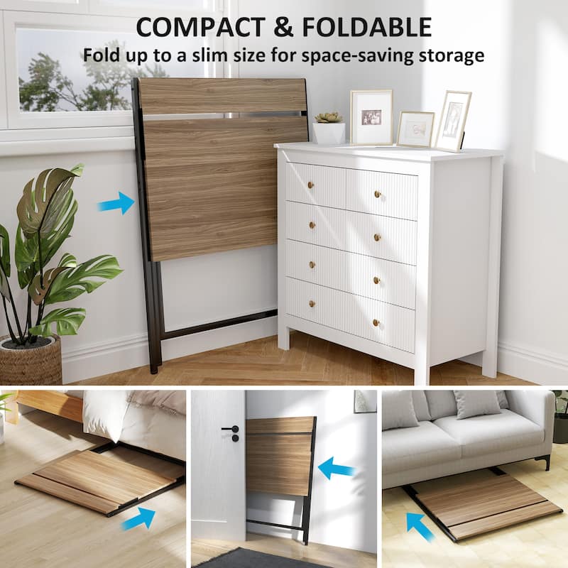 Folding Desk with Monitor Shelf Compact Space Saving Workstation for Home Office