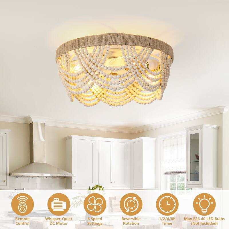 20" Smart Bohemian Wood Bead Beige Ceiling Fan with Remote and Light and APP Control - 19.7" D x 19.7" W x 10.1" H