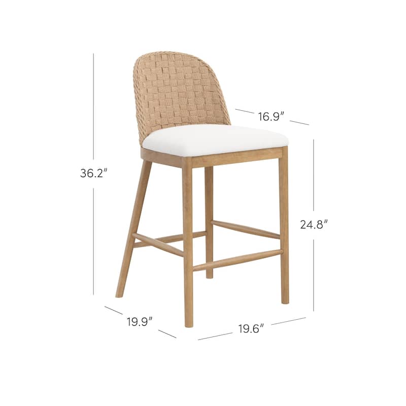 Rikki Seagrass Bar Stool with Back, Cream Boucle Counter Stool with Upholstered Seat and Solid Wood Legs
