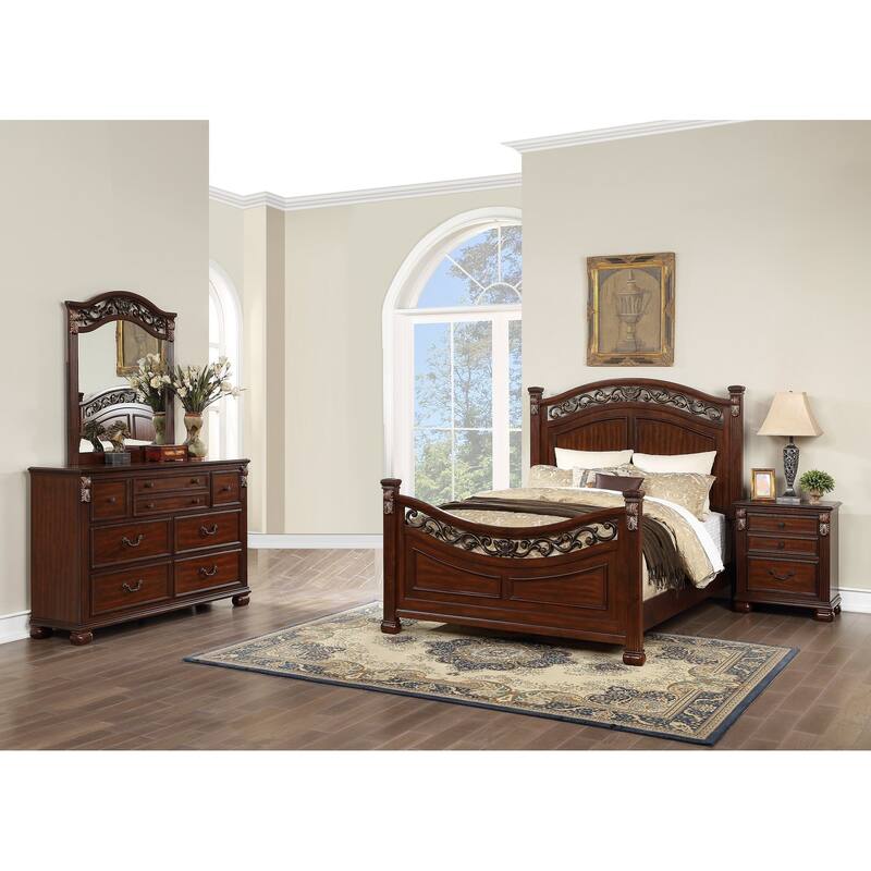 Traditional Style Bed Set Bun Feet Floral Design Dark Cherry Bedroom Furniture