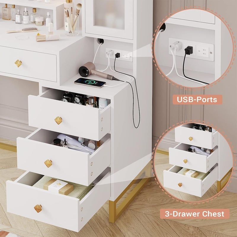 Vanity Desk with Mirror and Lights 5 Drawers and Storage Shelves