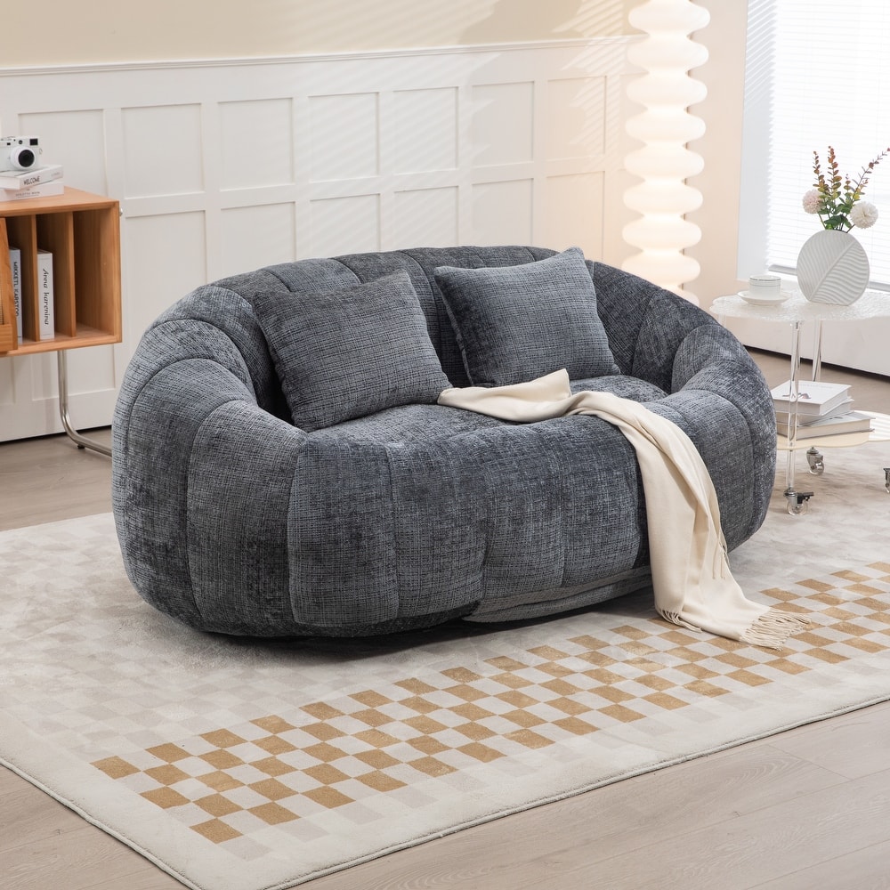 Chenille Giant Bean Bag Chair, High-Density Foam Lazy Sofa Chair, Round Bean Bag Sofa with 2 Pillows & Curved Armrests