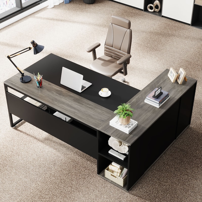 71 inch L Shaped Executive Desk with Cabinet, Corner Computer Desk (Rustic Brown) - Grey/Black