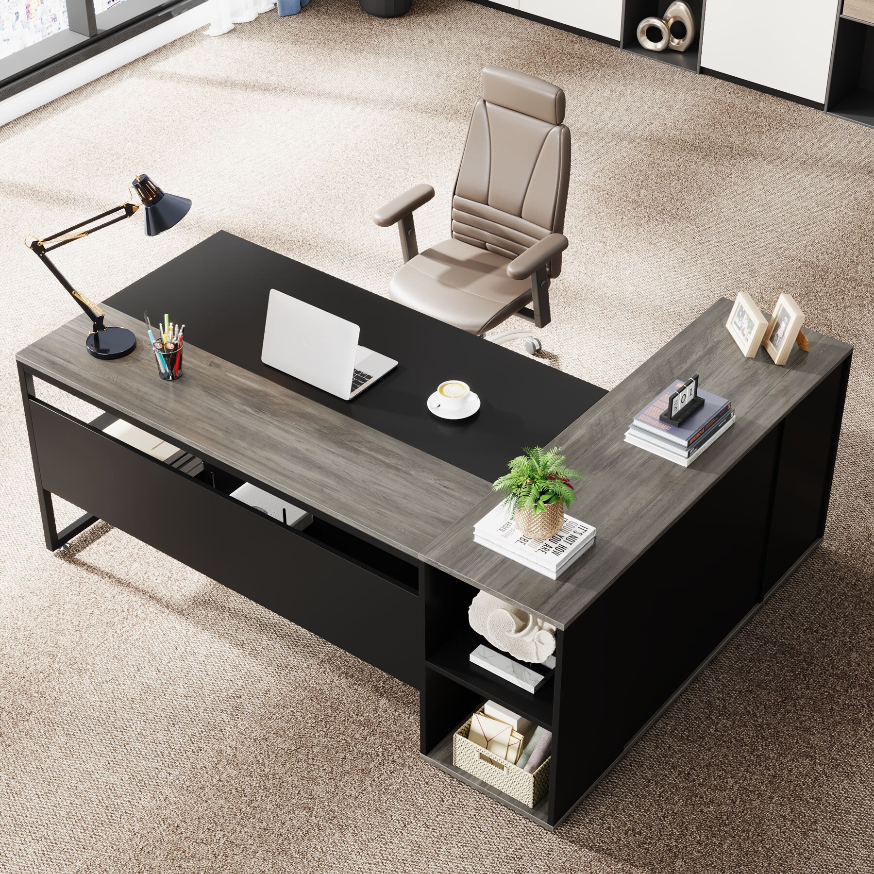 71 inch L Shaped Executive Desk with Cabinet Corner Computer Desk Rustic Brown