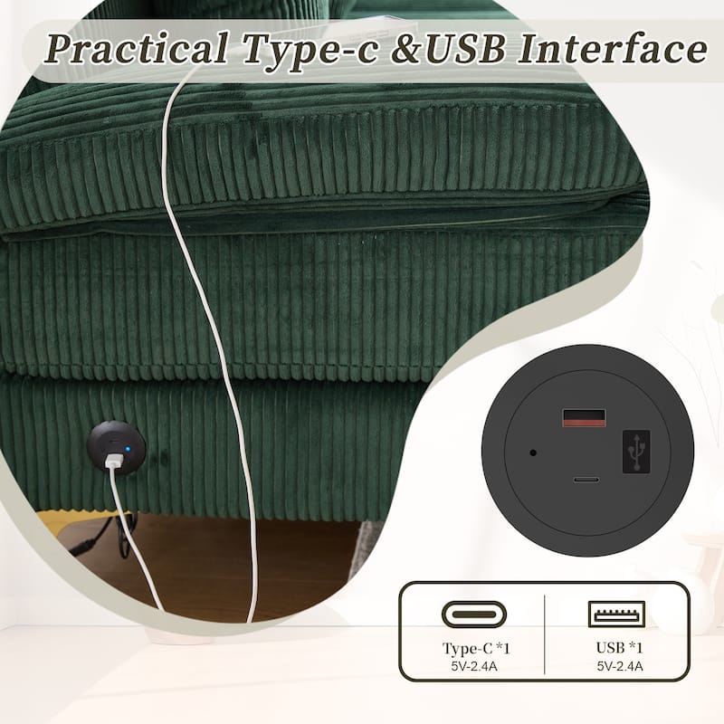 HOMEFUN Corduroy Upholstered U-shaped Adjustable Light Modular Sectional Sofa With Type-C and USB ports