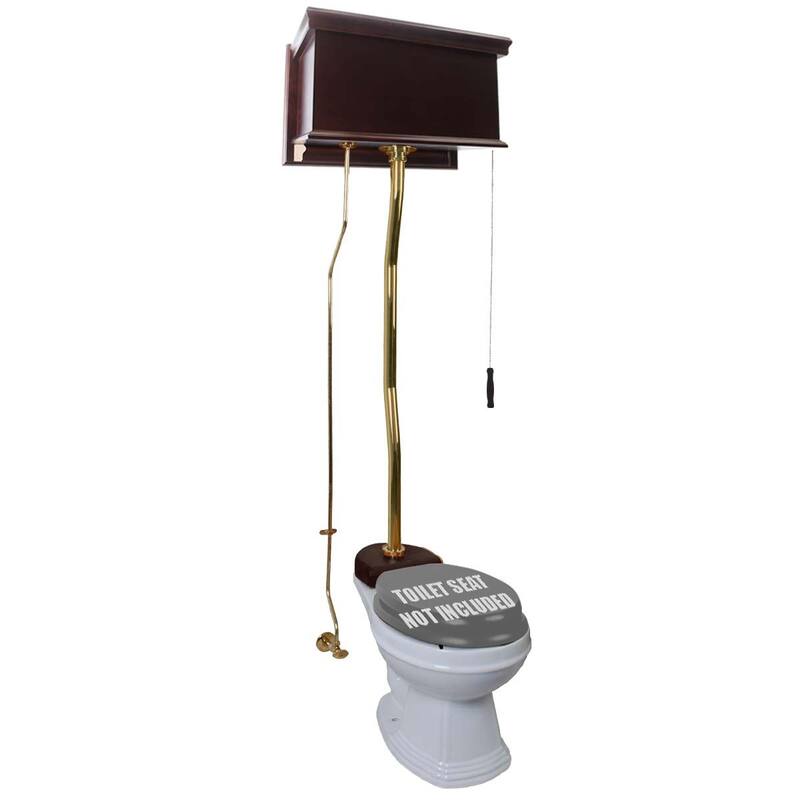 Dark Oak Wooden High Tank Toilet Tank, Elongated White Bowl and Brass Z Pipes
