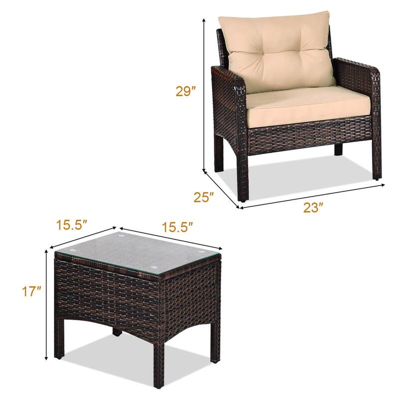 Costway 3 PCS Patio PE Wicker Furniture Set with Cushions and Tempered - See Details