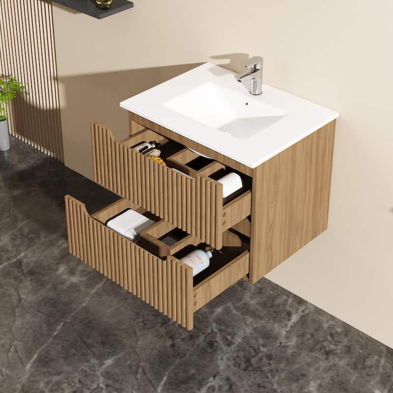 24" Wall-Mount Bathroom Vanity Cabinet with White Basin Sink Combo Floating, Walnut
