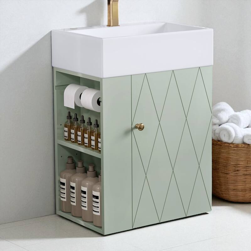 20" Wall Mounted Bathroom Vanity with Ceramic Sink, Diamond Door Design, Side Shelves and Towel Bar - Green