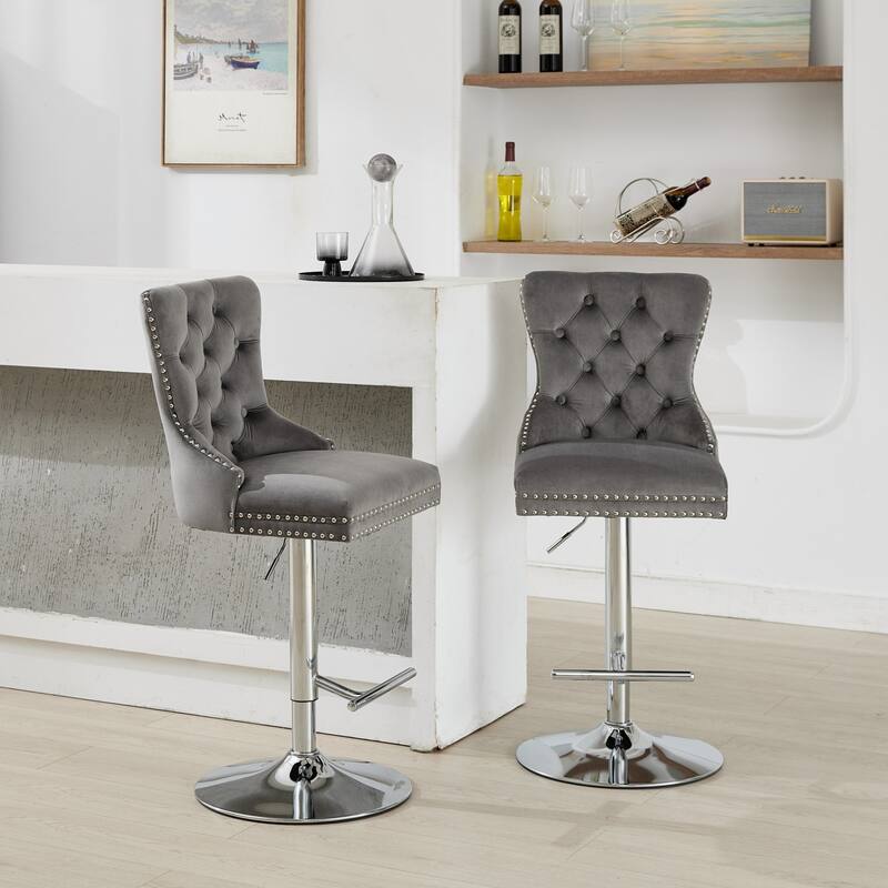 Thick Chrome Swivel Velvet Barstools,Adjustable Height,Modern Upholstered,Sponge&Spring（Set of 2)
