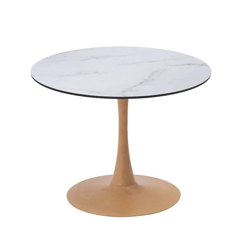 Bristol 24" Round Dining Table with MDF Top and Natural Wood Steel Pedestal Base for Modern Kitchen and Dining Room - Marbled White