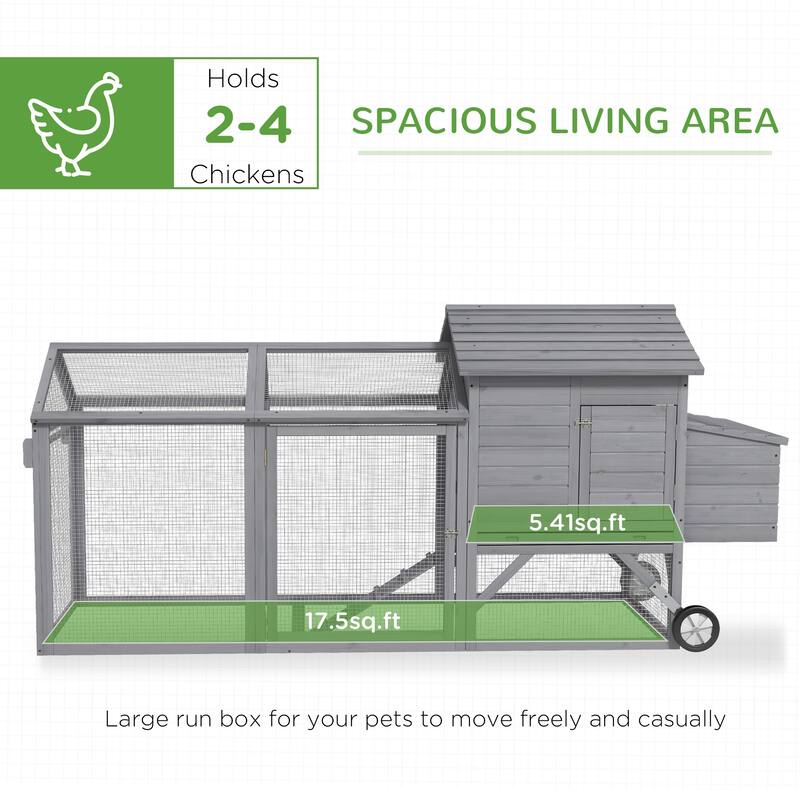 Grey Fir Wood Chicken Coop with Outdoor Run, Nesting Box and Wheels