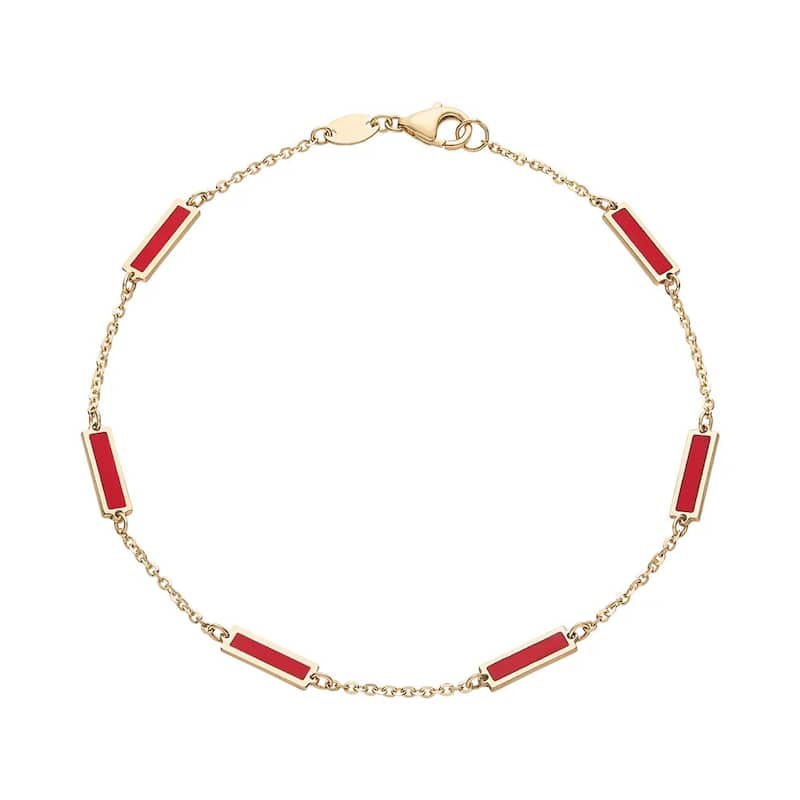 Curata 14k Yellow Gold Italian 7" Inlaid Genuine Gemstone 10X2mm Bar Station Bracelet - Red Coral