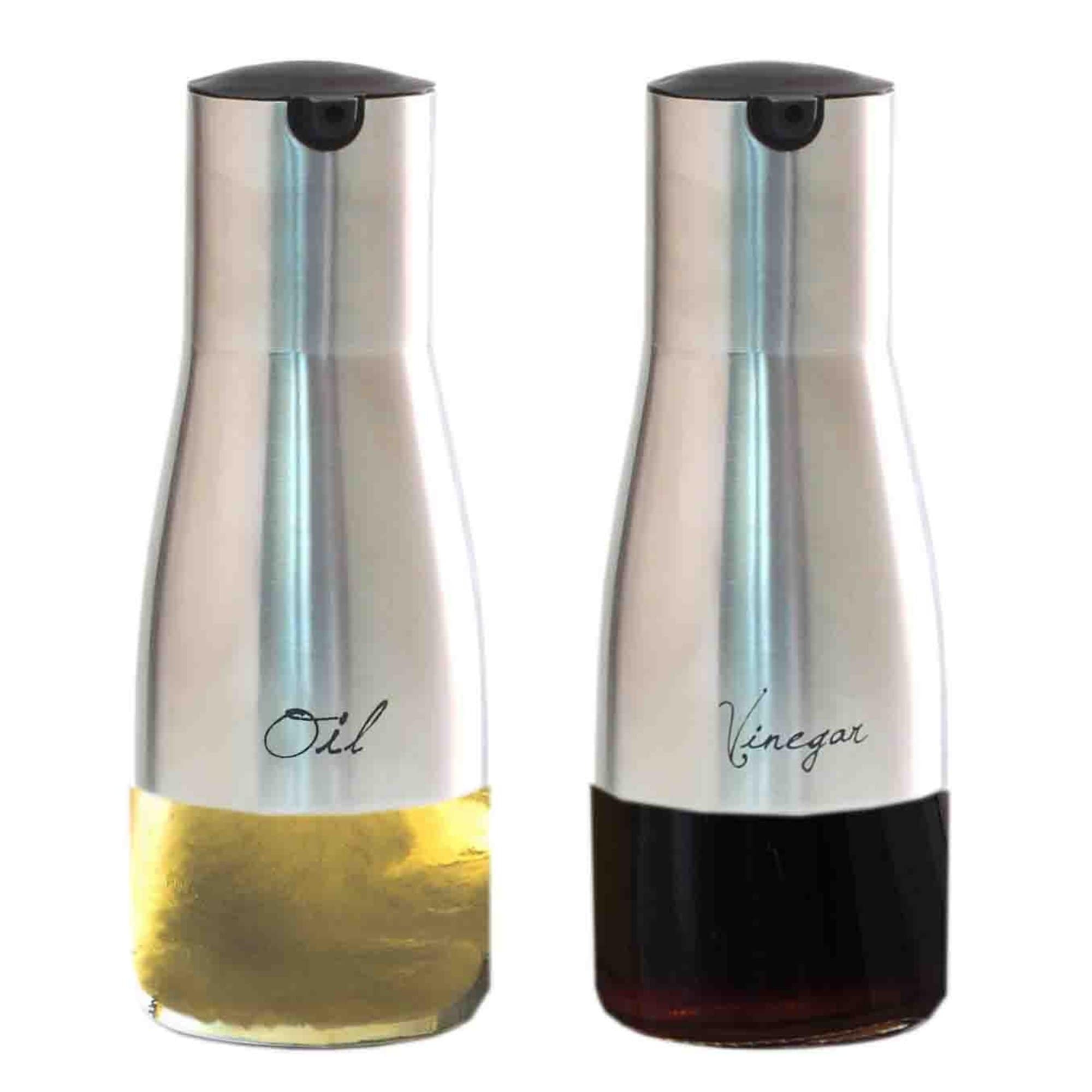 Home Basics Oil Vinegar Dispenser Set Brushed Stainless Steel Glass Anti-Drip - 7.25" H x 2.5" L x 2.5" W
