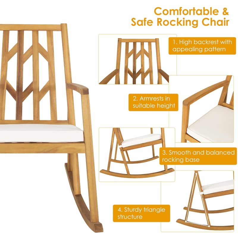 Gymax Outdoor Acacia Wood Rocking Chair Wooden Patio Rocker w/ Beige