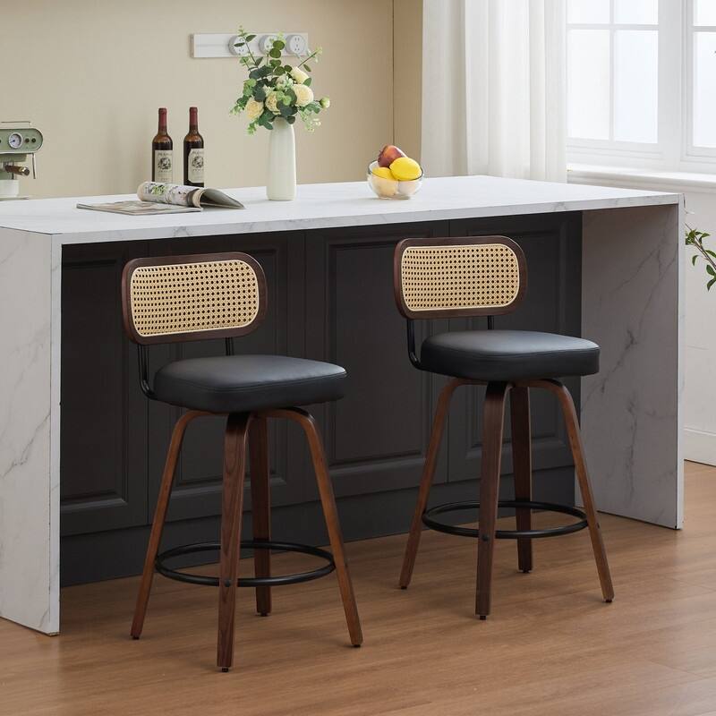 26" Swivel Rattan Bar Stools - Walnut Finish Counter Height Stools with Upholstered Seat