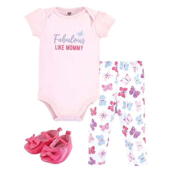 slide 1 of 1, Hudson Baby Infant Girl Cotton Bodysuit, Pant and Shoe Set, Fabulous Butterfly 12-18 Months - Fabulous Butterfly
