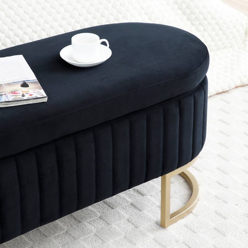 Storage Bench Bedroom Bench, Velvet Oval Upholstered End of Bed Bench with Golden Metal Legs,50"Modern Storage Ottoman Bench