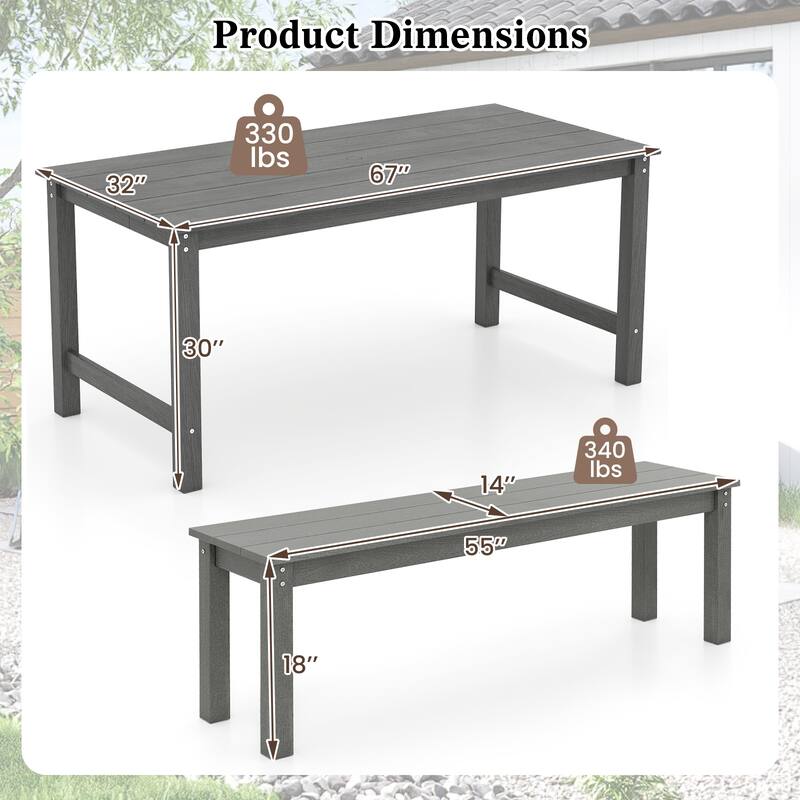 Gymax 3PCS Dining Table Set w/ 2 BenchesPatio HDPE Weather Resistant