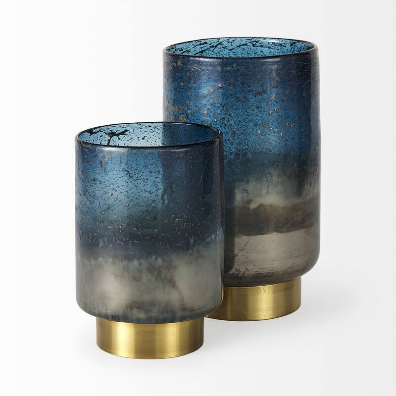 HomeRoots 10" Blue And Gold Abstract Cylinder Crystal Glass Table Vase