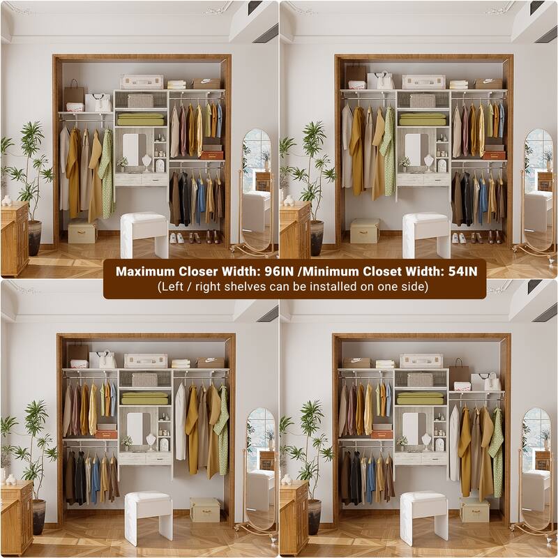 Cimly Wall-mounted Closet System with 32'' Makeup Vanity Desk, Space-saving Organizer with Hanging Rods and Mirror