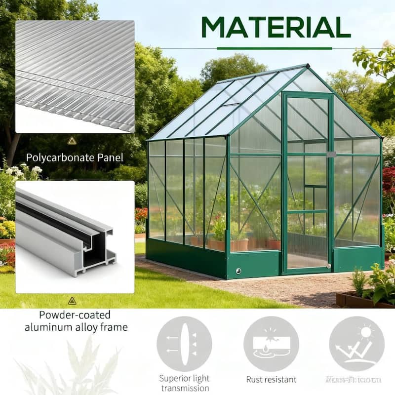 GDFStudio - Outdoor 8'x6' Aluminum Frame Walk-In Polycarbonate Greenhouse with Auto Roof Vent & Rain Gutter - Green