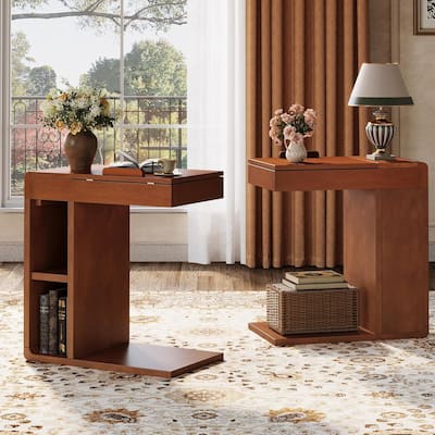 Vintage C-Shaped End Table with Adjustable Top, Chair Side Table with Open Storage Shelves