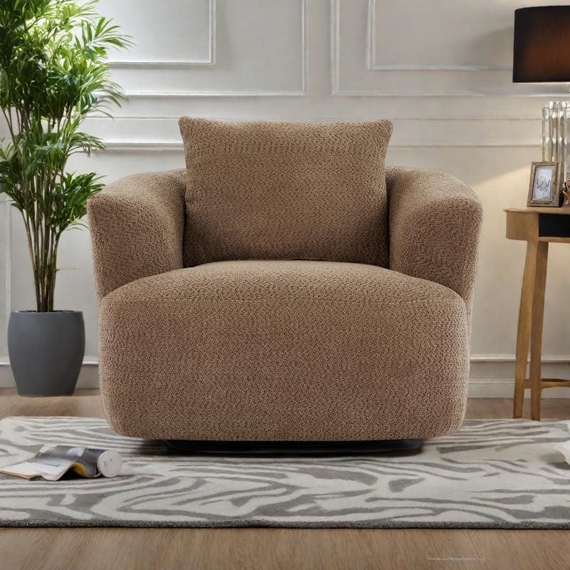 Chenille 360° Swivel Barrel Chair with Throw Pillow, Pocket Spring Cushion and Ergonomic Armrests - Dark Brown