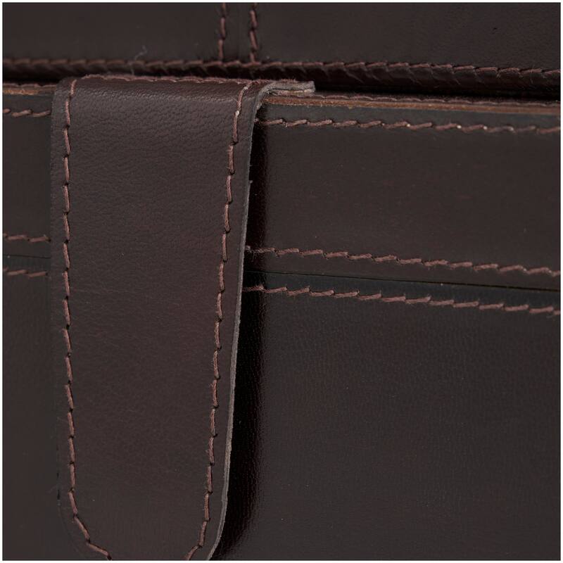 Dark Brown Leather Storage Box with Snap Front Closure and Detailed Stitching (Set of 2)