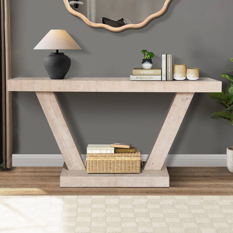 Vintage Industrial Console Table for Living Room Office, Rectangular Wood Sofa Table with Distressed Wood Finish - Natural A