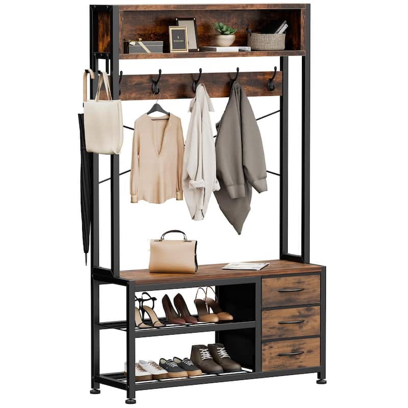 5-in-1Hall Tree Entryway Shoe Rack with 7 Hooks& 3 Drawers - Brown