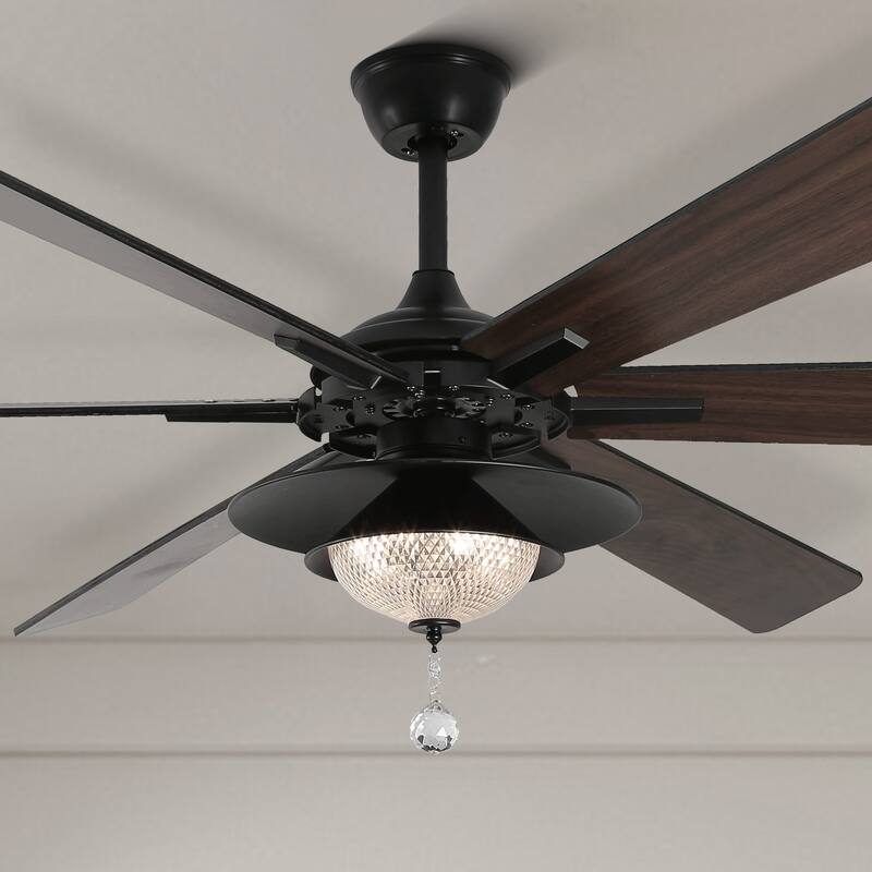CurveCurio 72" Antique Lagre Ceiling Fan, Wood Blades and LED Lights Kit w Crystal Shade, Quiet DC Motor 6 Speed w Remote - Matte Black