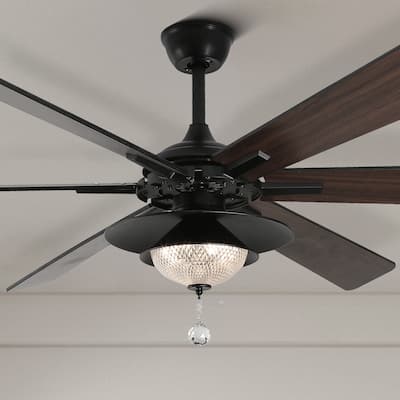 CurveCurio 72" Antique Lagre Ceiling Fan, Wood Blades and LED Lights Kit w Crystal Shade, Quiet DC Motor 6 Speed w Remote
