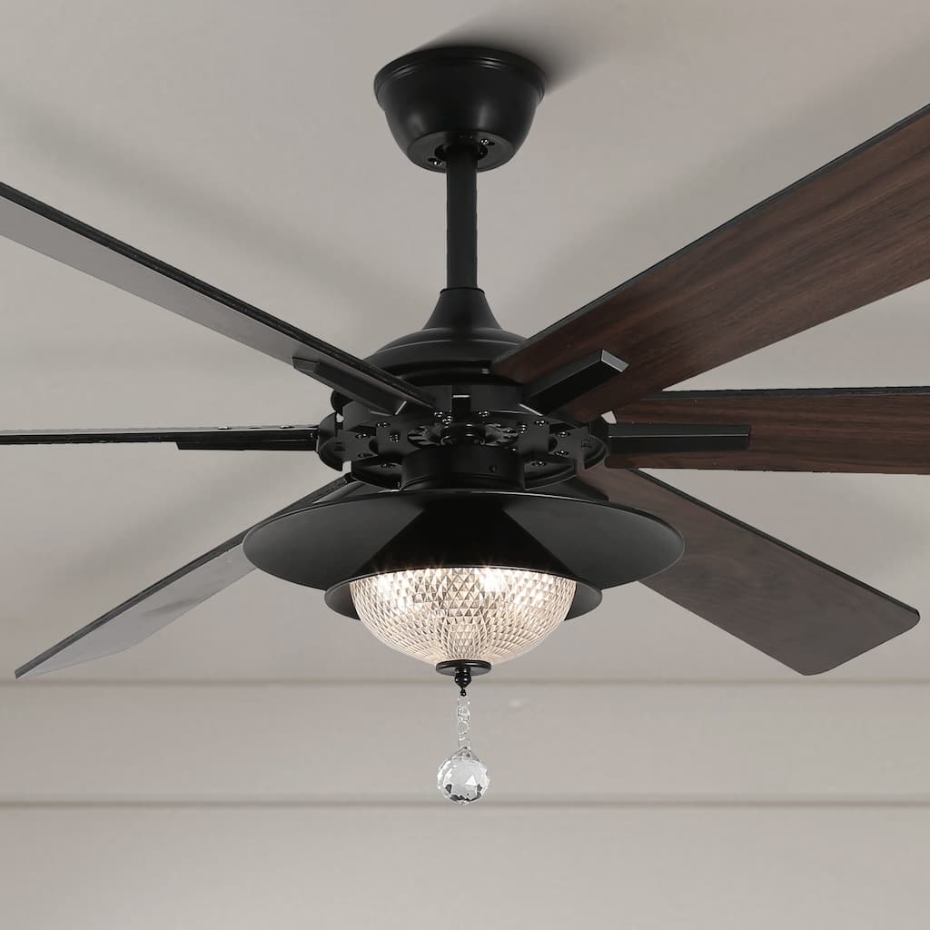 CurveCurio 72" Antique Lagre Ceiling Fan, Wood Blades and LED Lights Kit w Crystal Shade, Quiet DC Motor 6 Speed w Remote