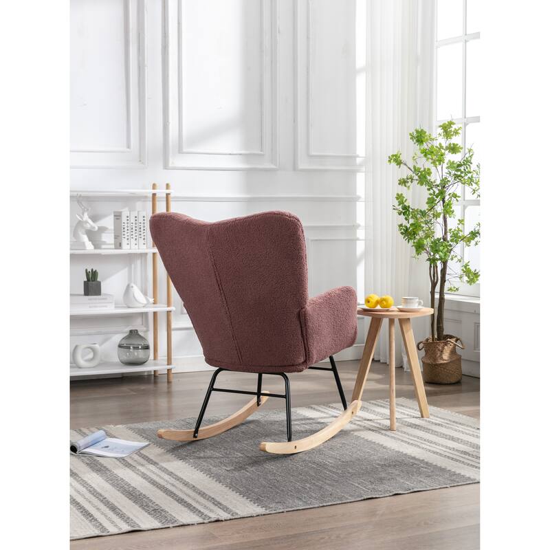 Teddy Fabric Upholstered Glider Rocker, Reading Chair with Thick Padded Seat, High Backrest Armchair with Wooden Legs
