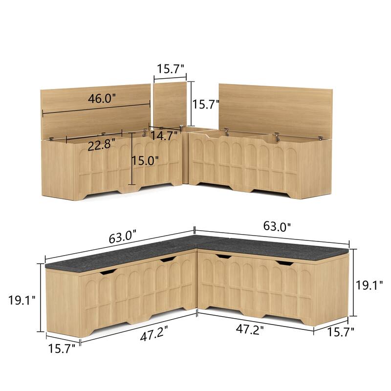 3-Piece L Shaped Corner Bench Set with Hidden Storage, 63" Kitchen Nook Seating, Wood Entryway Shoe Bench with Flip-Top