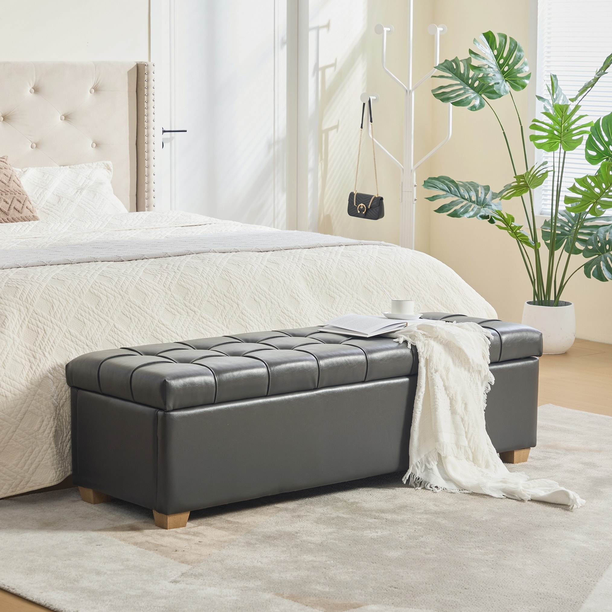 Upholstered PU Storage End of Bed Bench for Living Room, Bedroom, Entryway, Dining Room, Dorm, Corner