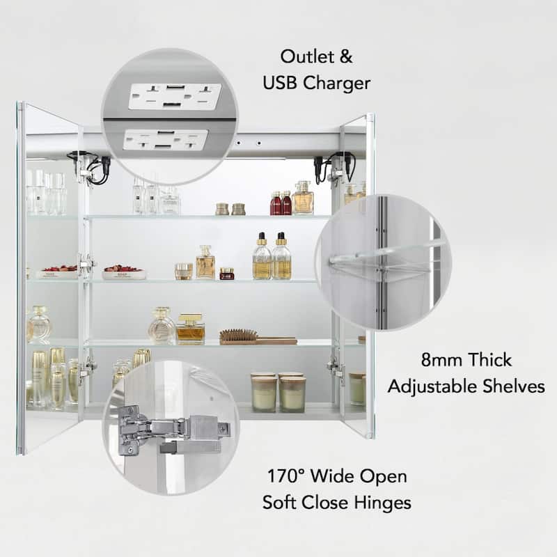LED-lit Medicine Cabinet with Mirrors, Defogger, and USB Outlets