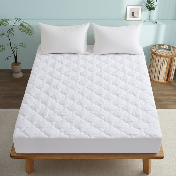 slide 2 of 6, White Four Leaf Clover Quilted Fitted Mattress Pad , Elastic Stretches up to 18 Inches Deep