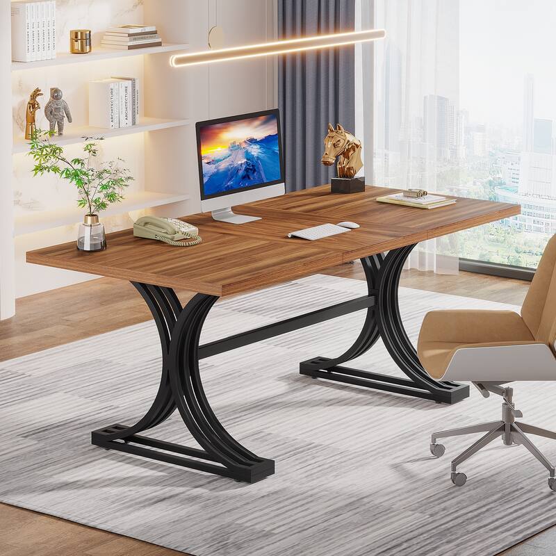 63" Large Rectangular Executive Desk, Wood Faux Marble Table, Business Computer Desk for Home Office