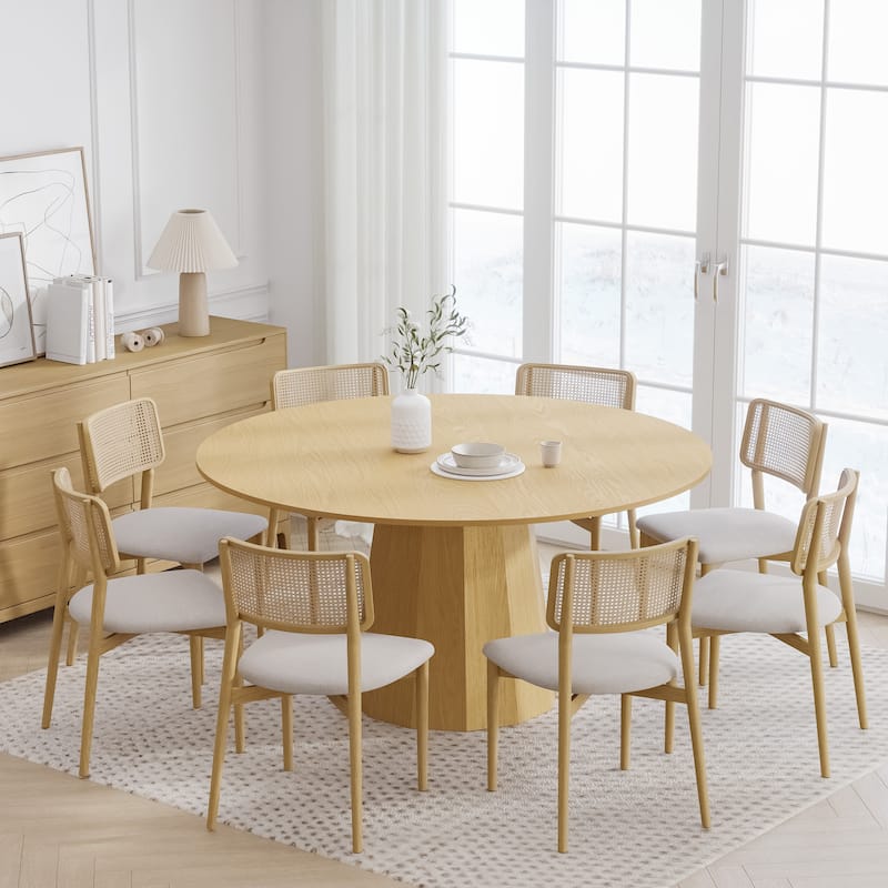 Solid Wood Round Dining Table Kitchen Table with Tabletop and Tapered Base for Living/Dining Room Coffee Office - 60 in.W x 30 in.H - Natural+Natural