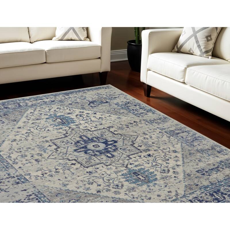 HomeRootsFloral Medallion Transitional Rectangle Area Rug - 142' X '106' X '0.5 - 142' X '106' X '0.5 - Light Blue/Ivory