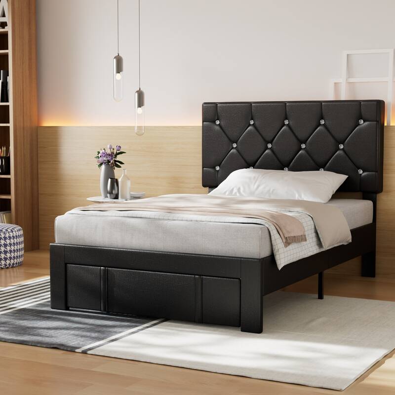 VECELO Bed Frame with Storage Drawers, Leather Upholstered with Diamond Tufted Headboard, Solid Wood Slat Support