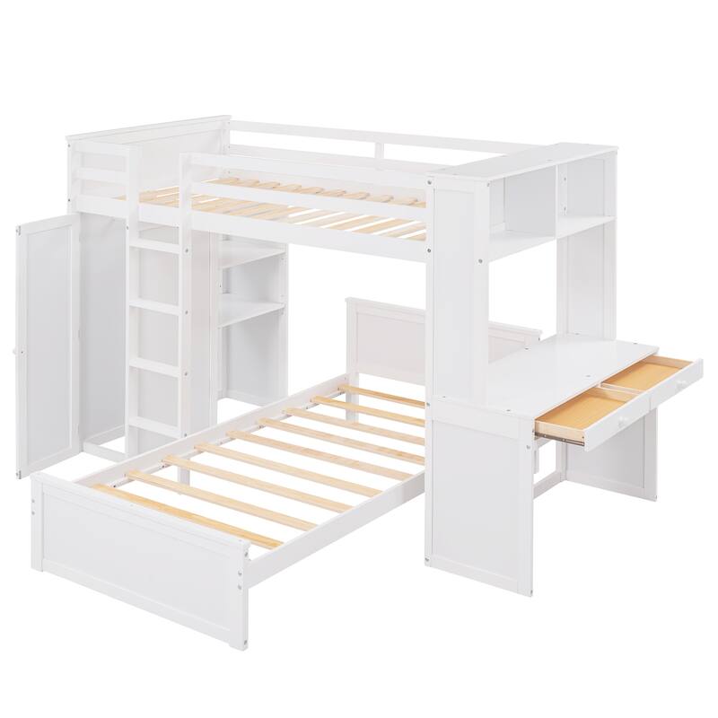 Space-Saving Twin Loft Bed with Desk, Shelves, Wardrobe, and Additional Bed