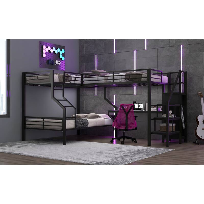 Roomfitters Twin Over Full L-Shaped Metal Bunk Bed with Integrated Desk and Storage Stairs, Heavy Duty Loft Frame, Black